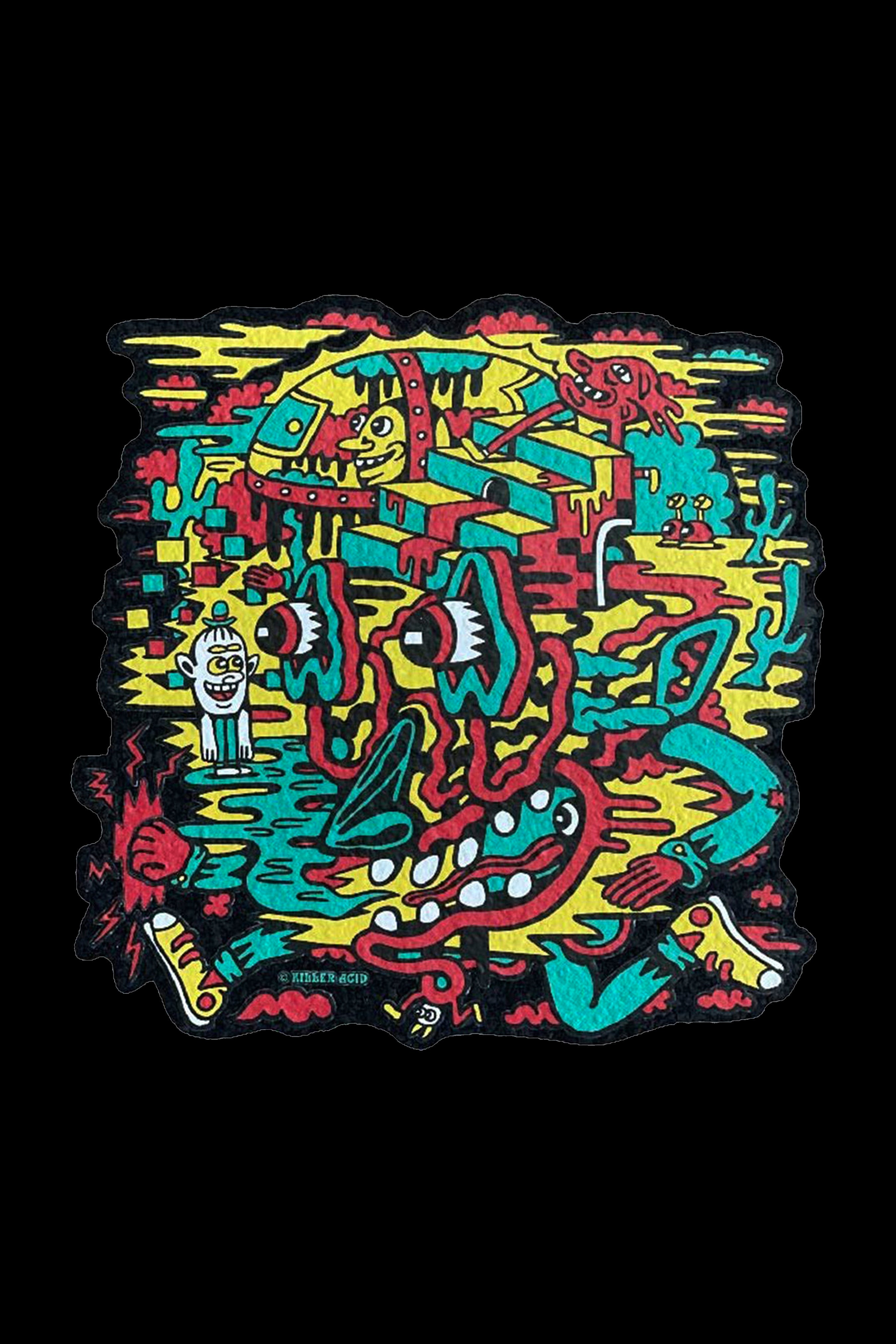 A vibrant, psychedelic sticker design featuring cartoonish faces and swirling, jagged patterns in red, yellow, and teal, with “KIDDER ACID” printed at the bottom.