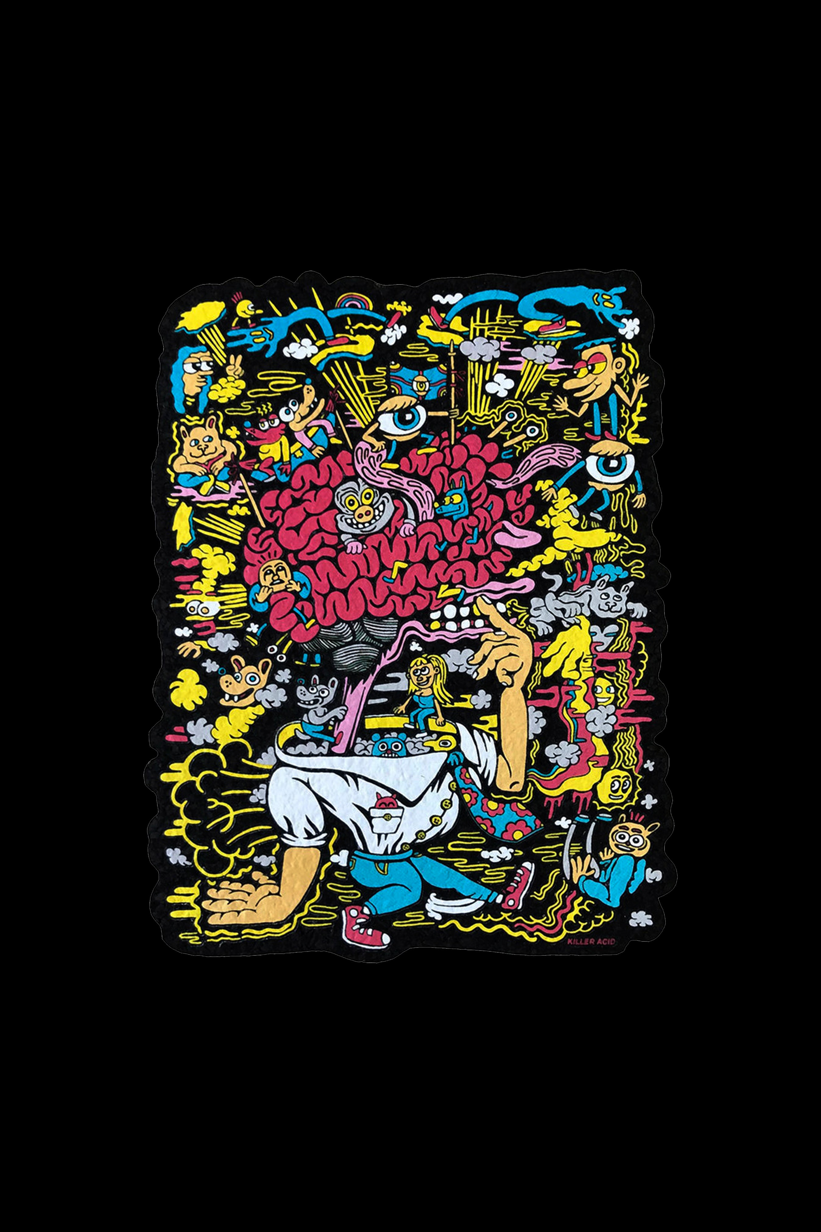 Psychedelic sticker design featuring a cartoon figure surrounded by swirling, colorful doodles, eyes, and cannabis imagery.