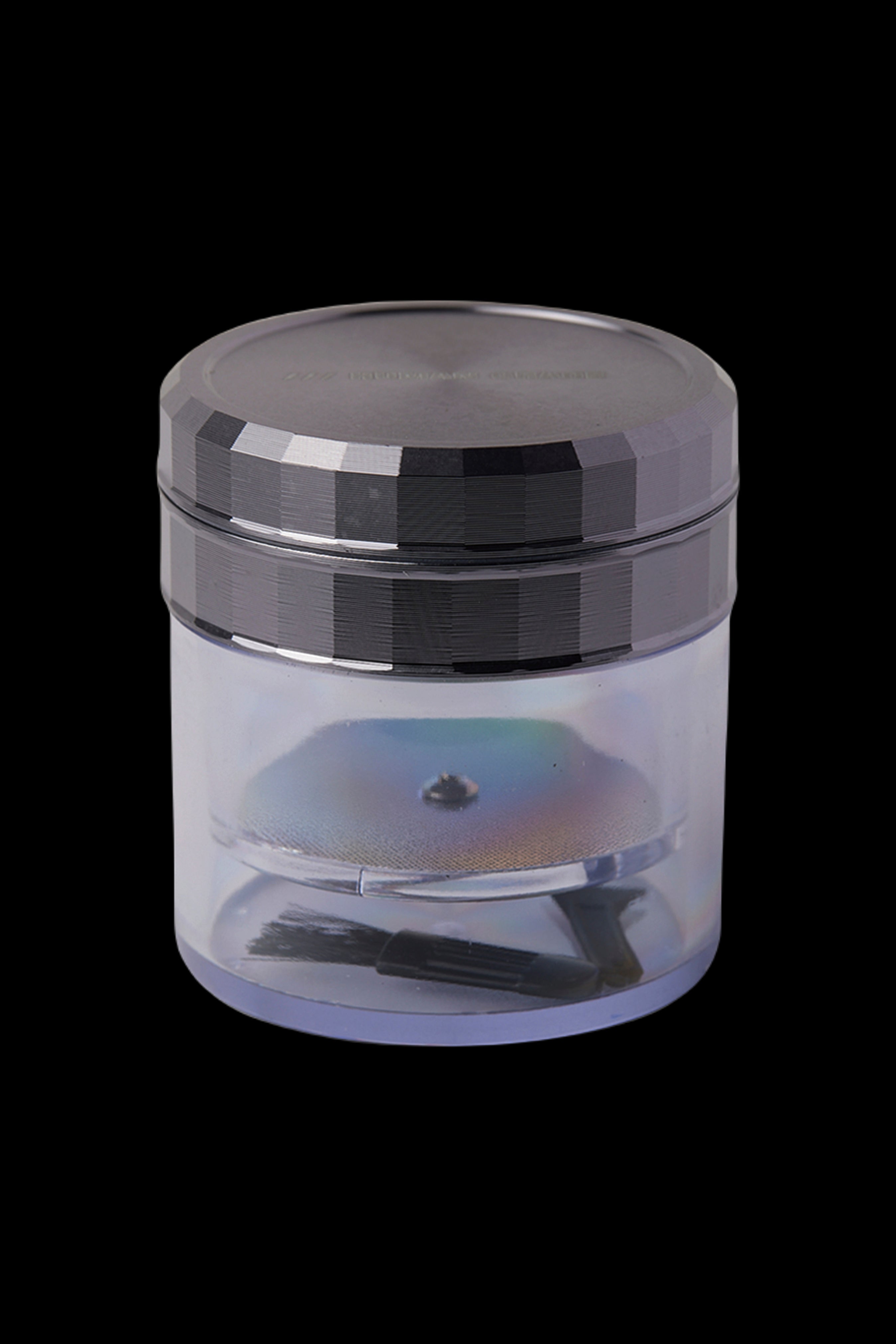 Clear storage container with black lid, containing cannabis buds and a cleaning brush.