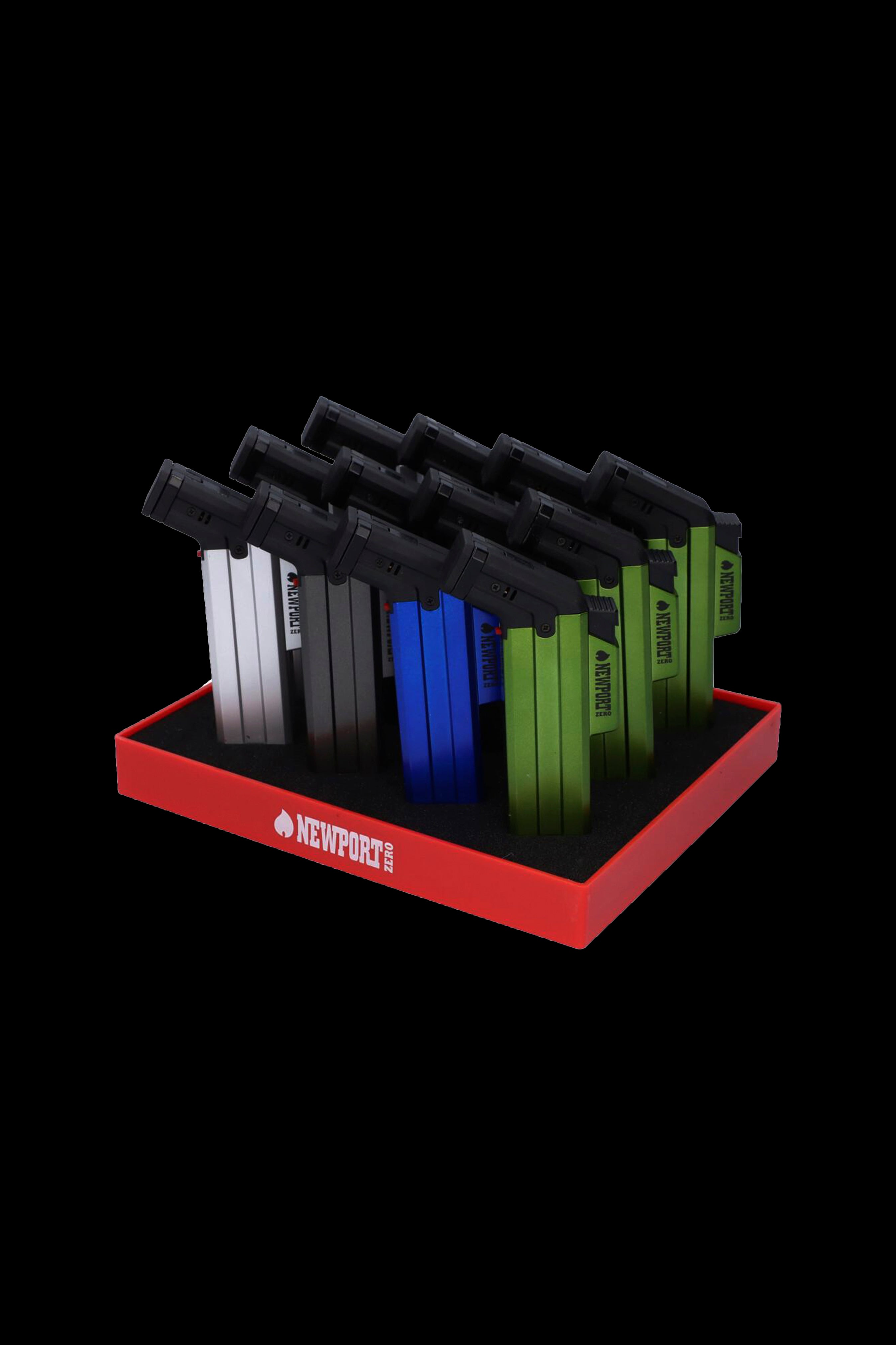 A red box containing a variety of colorful, pen-shaped cannabis vaporizers with the "Newport" logo.