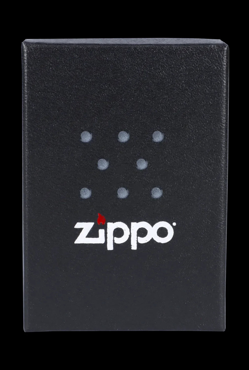 Black Zippo lighter with a constellation of dots and white logo.