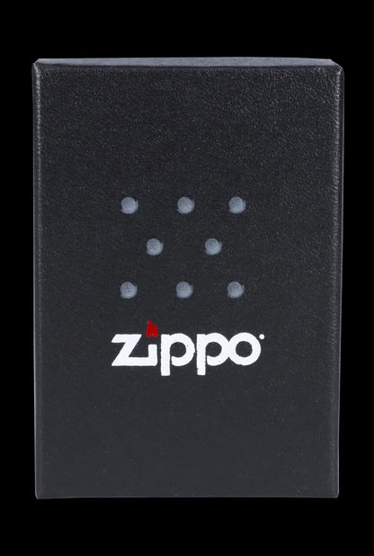 Black Zippo lighter with a constellation of dots and white logo.