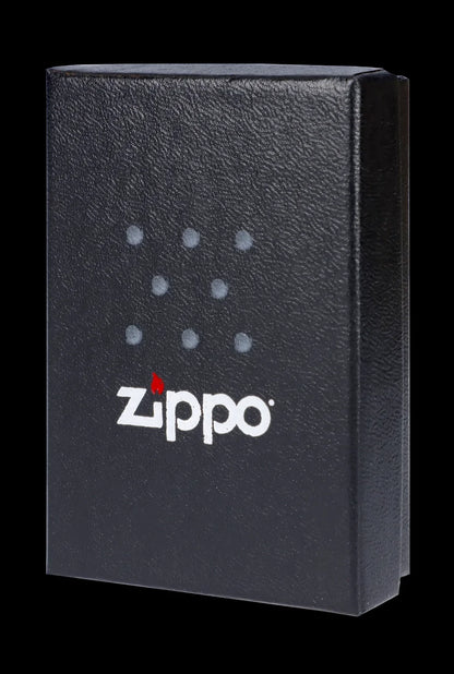 Black Zippo cannabis storage case with silver logo.