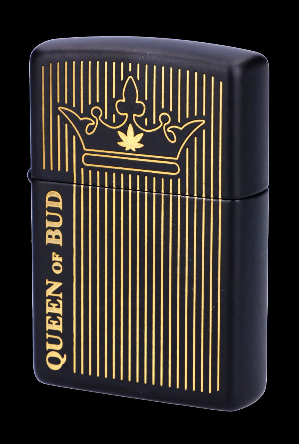 Black Zippo-style lighter with gold vertical lines and a cannabis leaf crown design, reading "Queen of Bud."