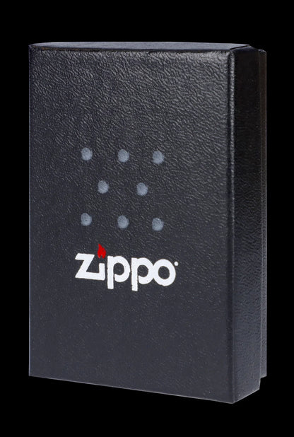 Black Zippo lighter with a constellation-like dot pattern and white logo.