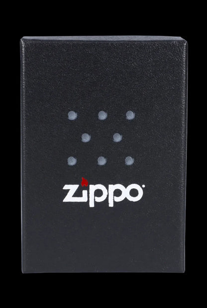 Black Zippo lighter box with a cannabis leaf pattern and logo.