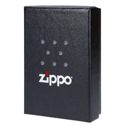 Black Zippo lighter box with cannabis leaf pattern and white logo.