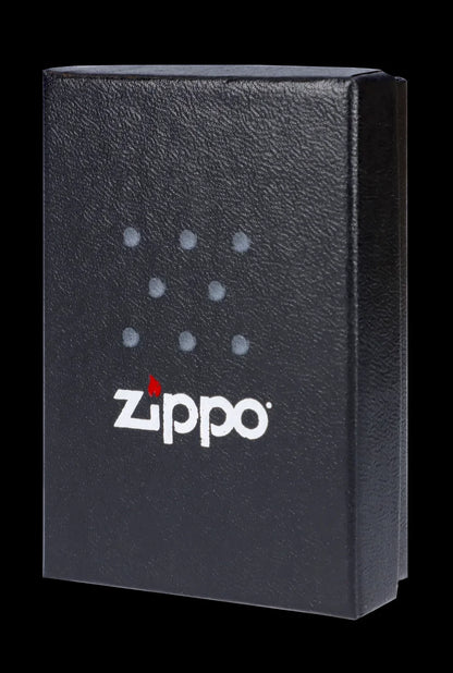 Black Zippo lighter box with white logo and cannabis leaf pattern.