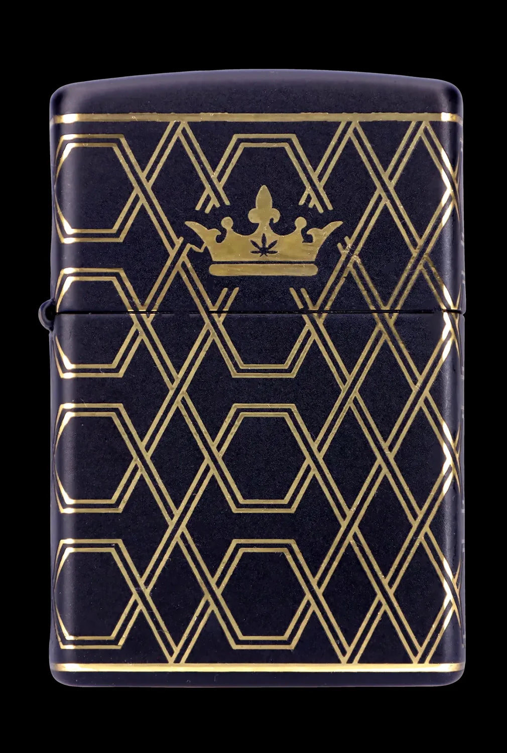 Black Zippo-style lighter with a gold geometric pattern and a cannabis leaf within a crown at the top.