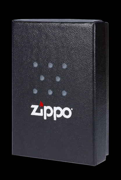 Black Zippo lighter with a constellation pattern and white logo.