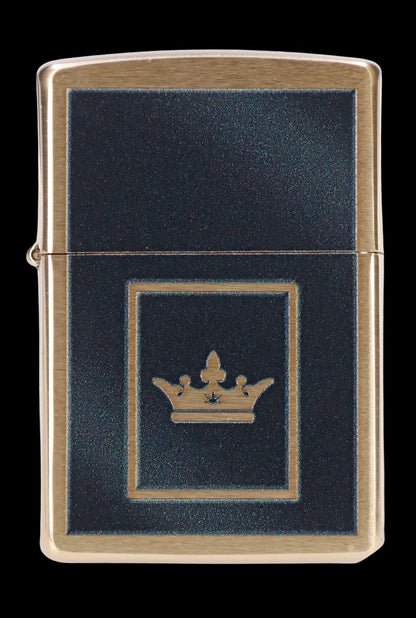 Gold Zippo-style lighter with a gold crown emblem on a black textured background.
