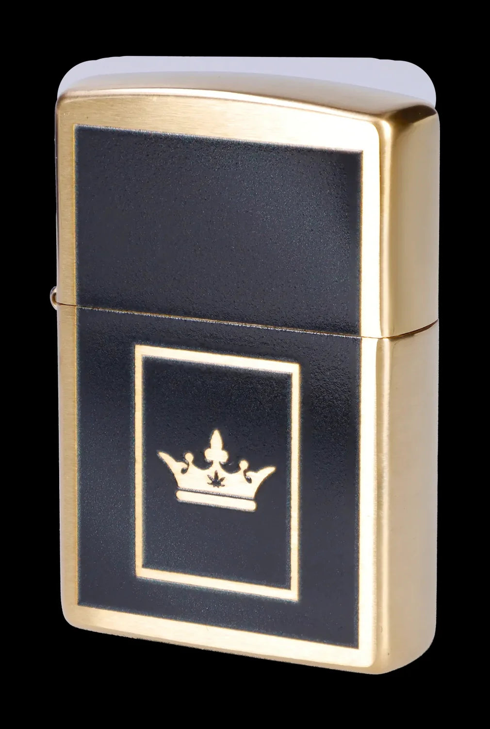Gold lighter with a cannabis leaf crown emblem on a black inset.