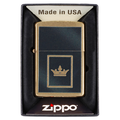 Zippo lighter with a gold crown design in a black box, often used for cannabis consumption.