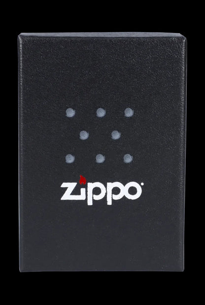 Black Zippo box with a cannabis leaf pattern and logo.