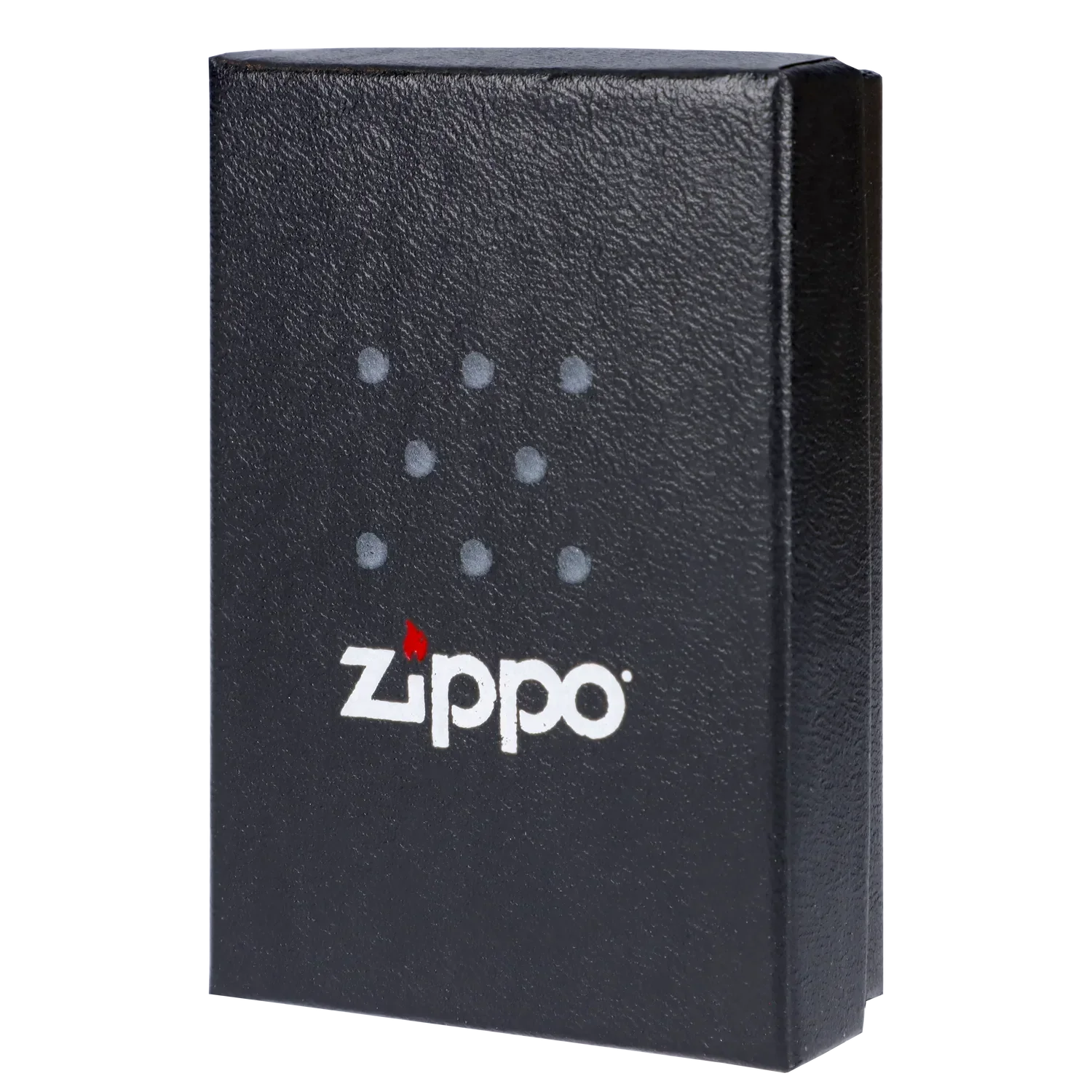 Black Zippo lighter box with a constellation of dots and white logo.