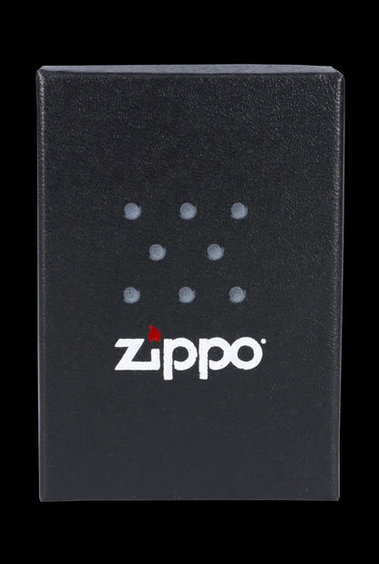 Black Zippo lighter box with cannabis leaf-shaped dots and logo.