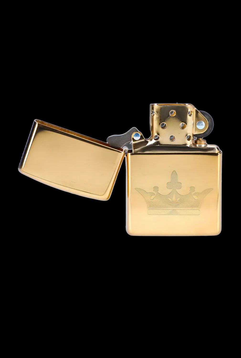 Gold lighter with a crown emblem, open and displaying interior components.