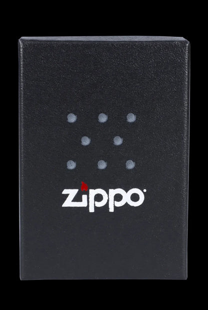 Black Zippo lighter box with cannabis leaf pattern.