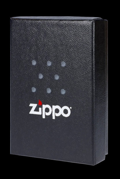 Black Zippo case with cannabis leaf pattern.