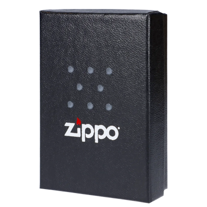 Black Zippo lighter box with cannabis leaf pattern.