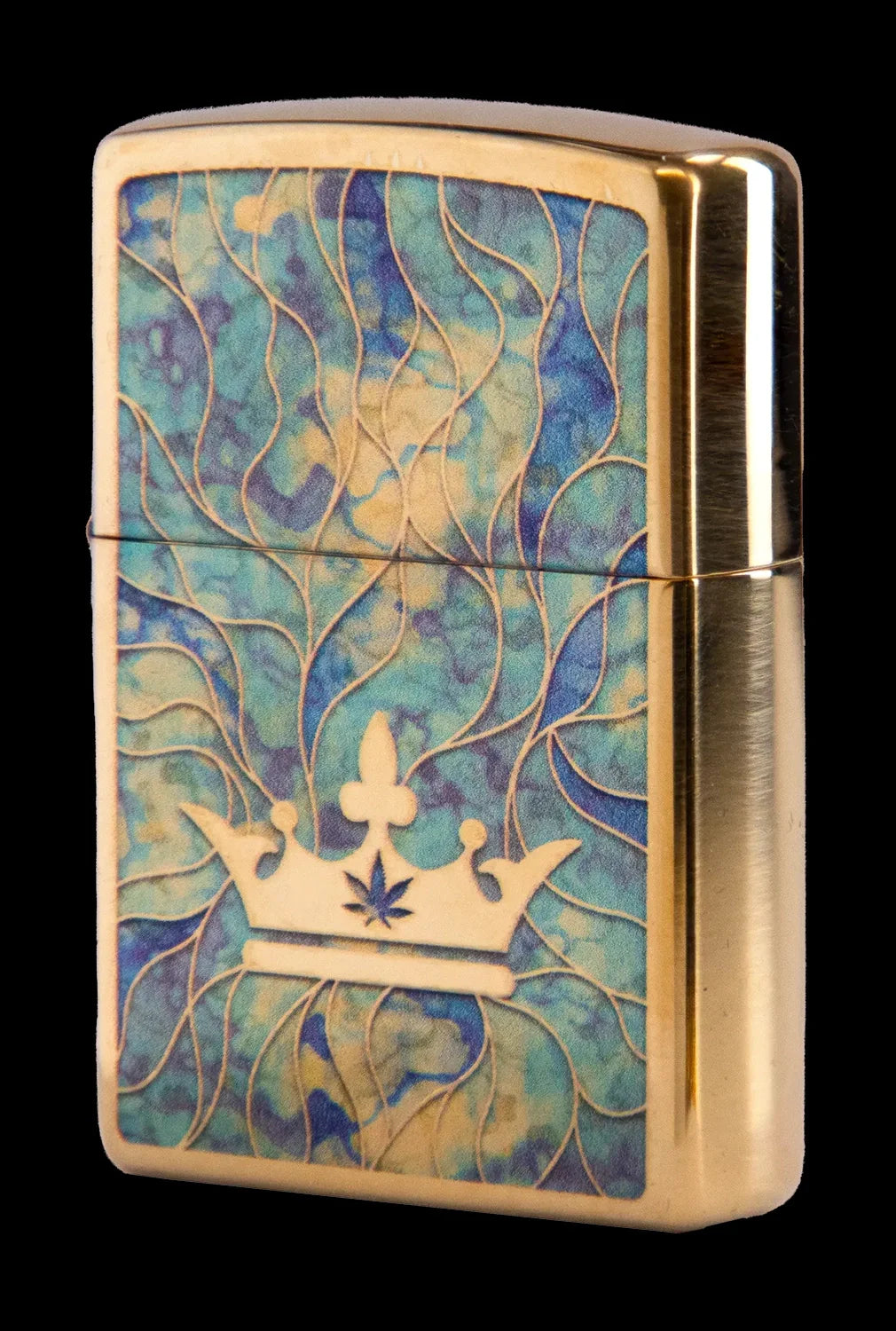 Gold Zippo lighter with a swirling teal and gold pattern and a crown featuring a cannabis leaf.