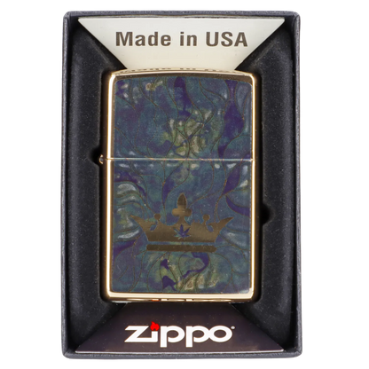 Zippo lighter with a cannabis leaf design in a display box.