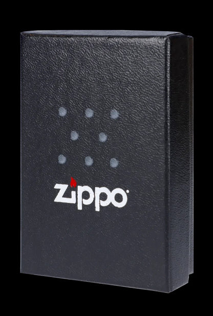 Black Zippo case with subtle cannabis leaf pattern.