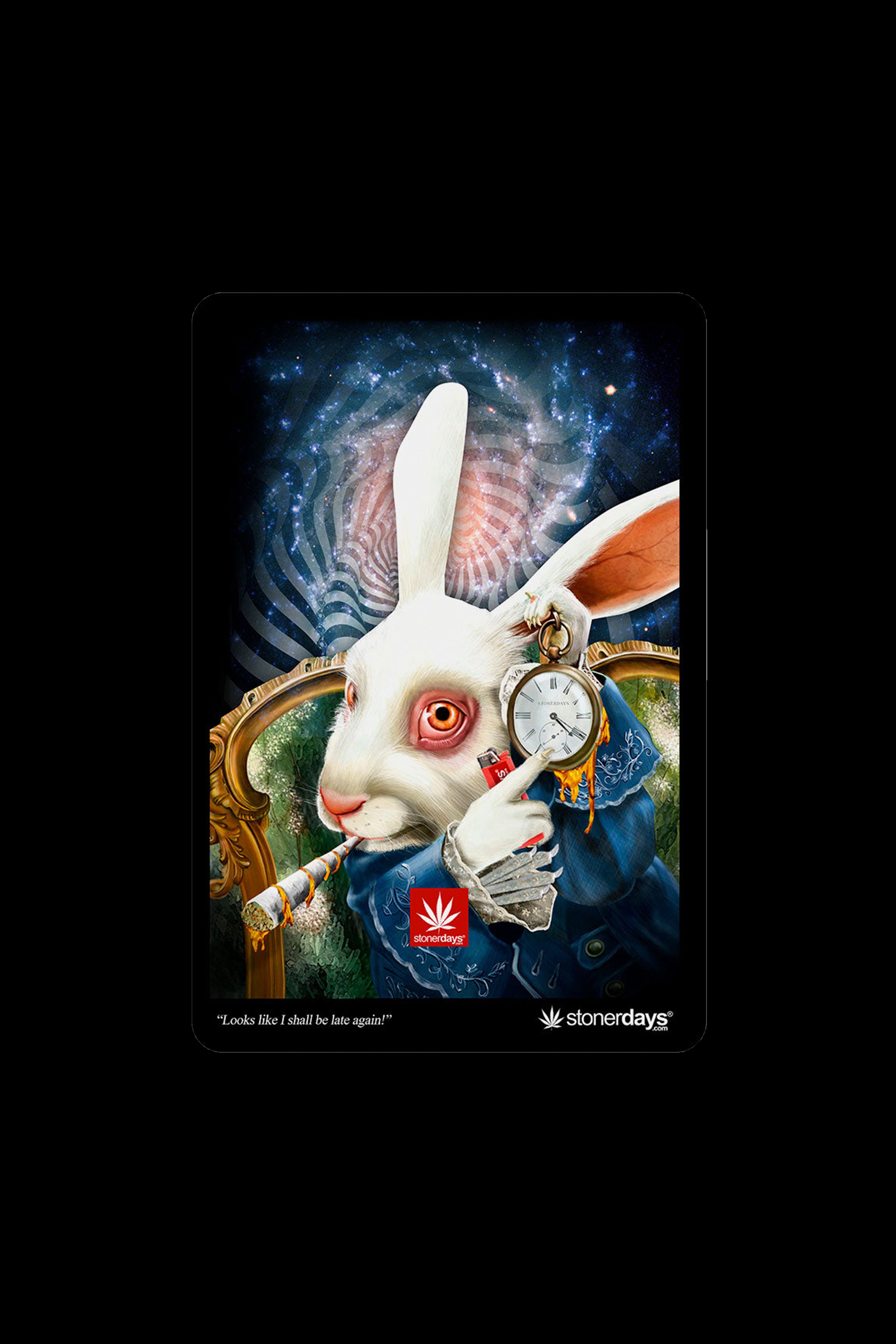 A whimsical, colorful illustration of the White Rabbit from *Alice in Wonderland*, smoking a pipe and checking a pocket watch, branded with “stonerdays” and the phrase “Looks like I shall be late again!”