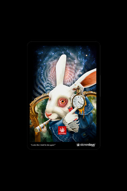 A whimsical, colorful illustration of the White Rabbit from *Alice in Wonderland*, smoking a pipe and checking a pocket watch, branded with “stonerdays” and the phrase “Looks like I shall be late again!”