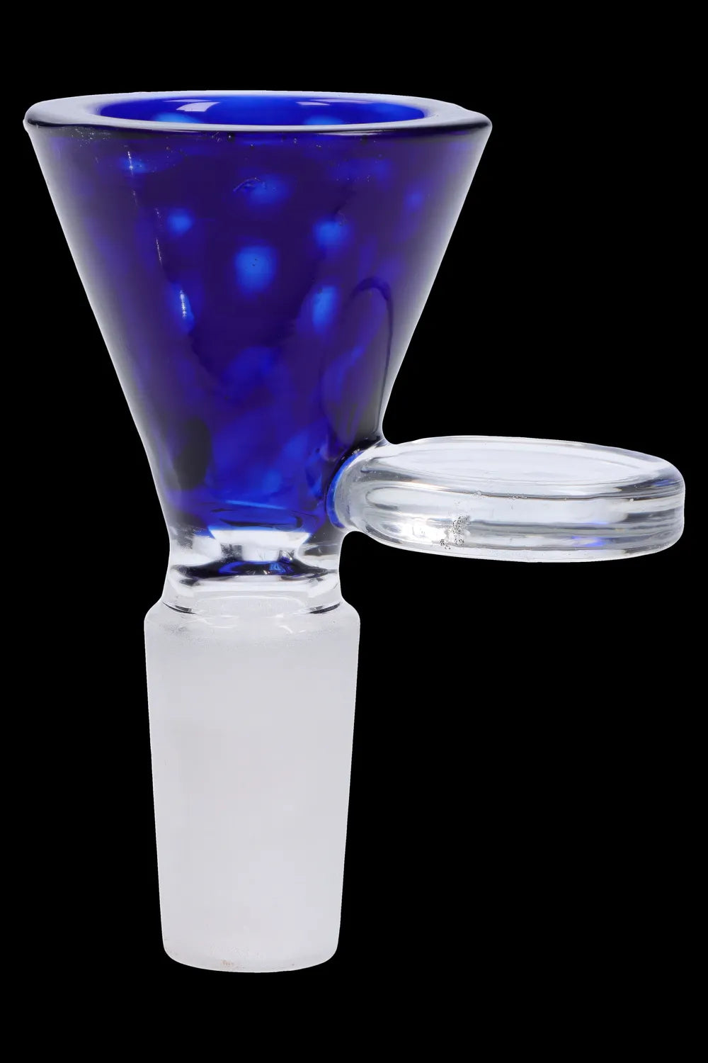 A close-up of the Wig Wag Bowl with Spiky Horn, showcasing its blue glass and male 14mm joint against a dark backdrop.