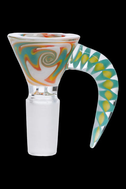 Hand-blown glass cannabis bowl with colorful swirl patterns.