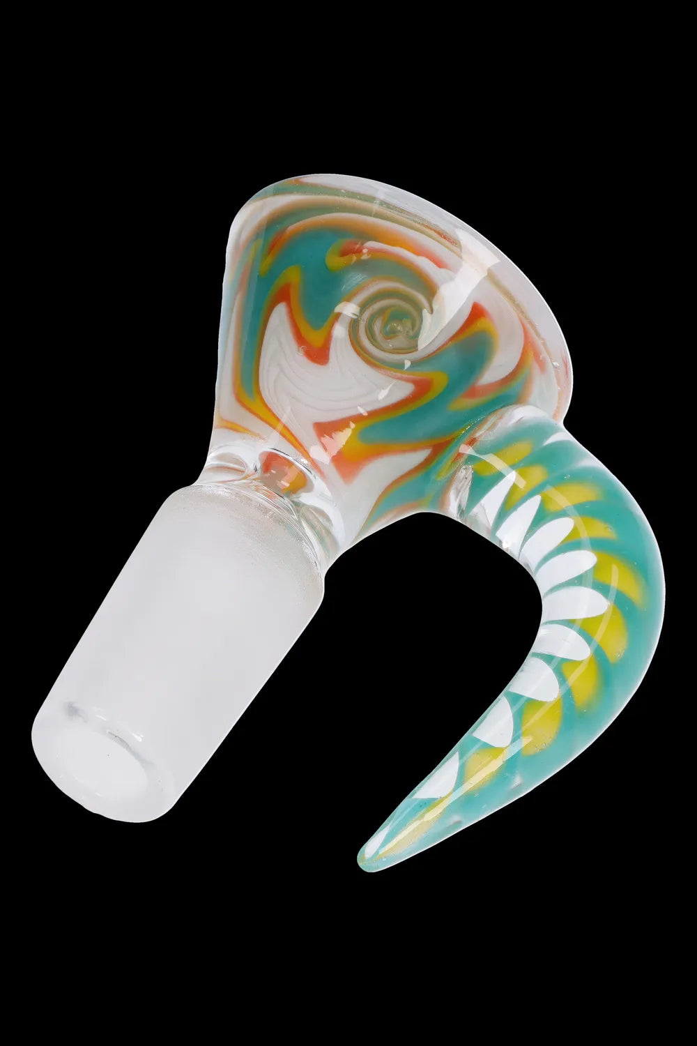 Hand-blown glass cannabis bowl with swirling teal, orange, and white patterns.
