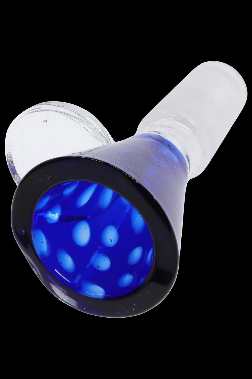 Blue glass bubbler with intricate patterned bowl.