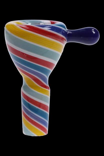Colorful glass smoking bowl with a blue handle.