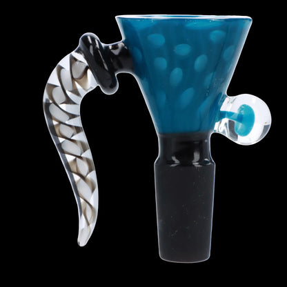 Hand-blown glass cannabis bowl with turquoise and black speckled glass, featuring a twisted, ivory-colored handle.