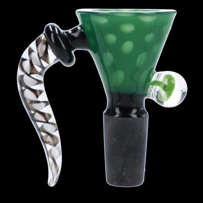 Hand-blown glass cannabis bowl with green and black swirls, featuring a decorative, twisted handle.