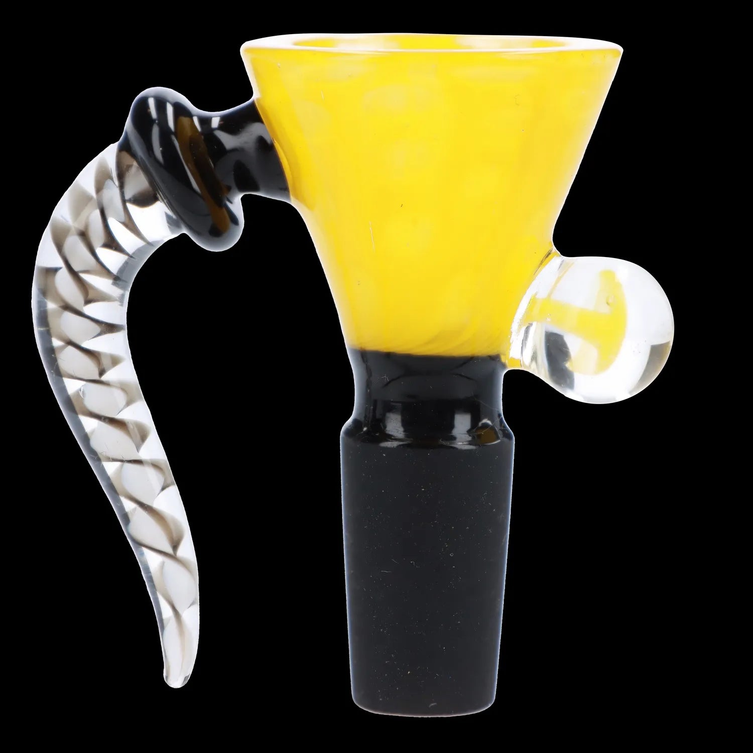 Yellow and black glass cannabis bowl with swirling white accents.