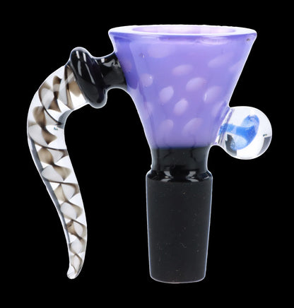 Purple and black glass cannabis bowl with intricate swirling designs.