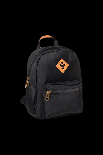 Black mini backpack with a tan cannabis leaf patch.