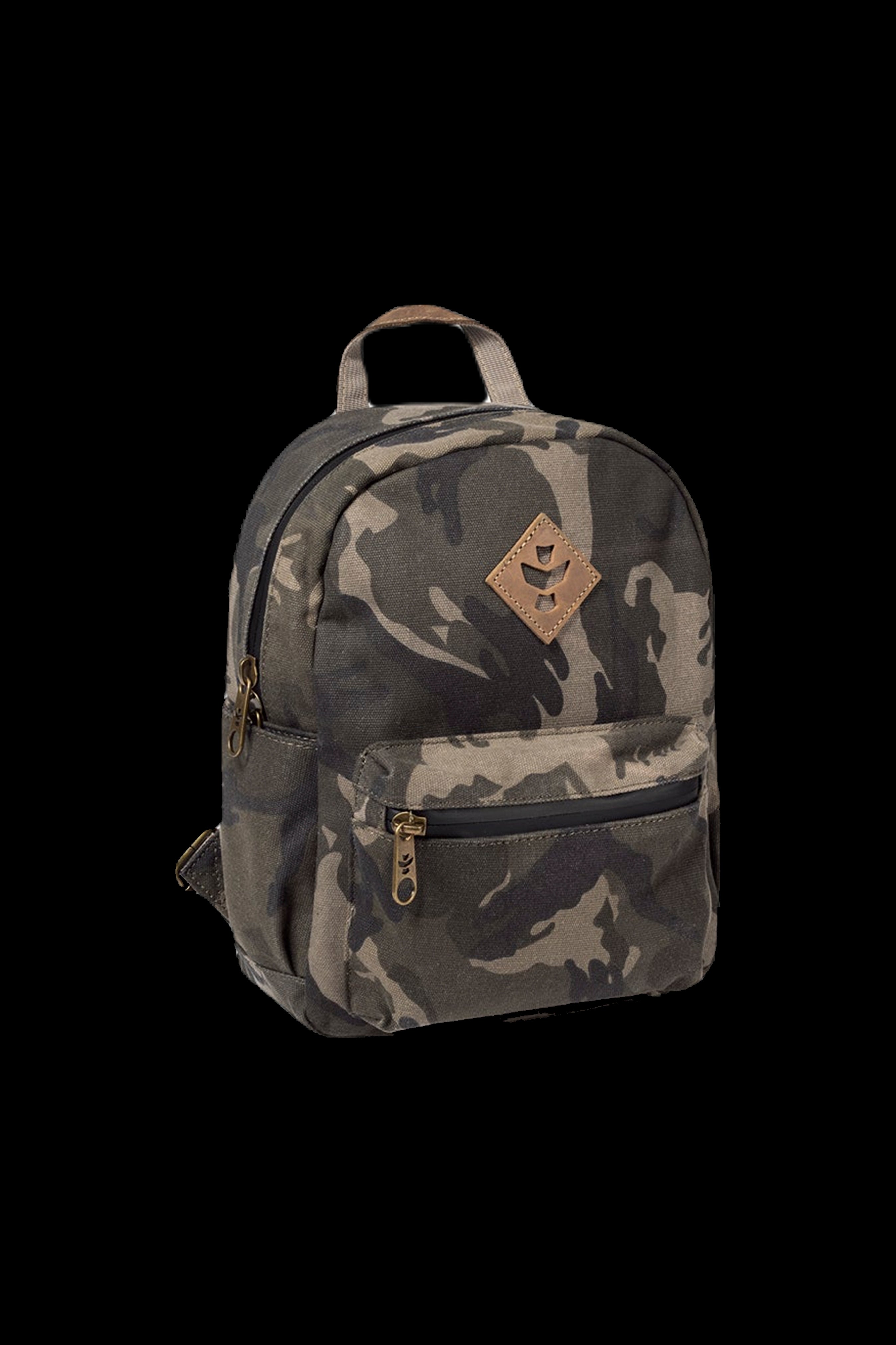 Camouflage backpack with a cannabis leaf patch.