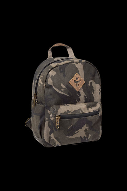 Camouflage backpack with a cannabis leaf patch.