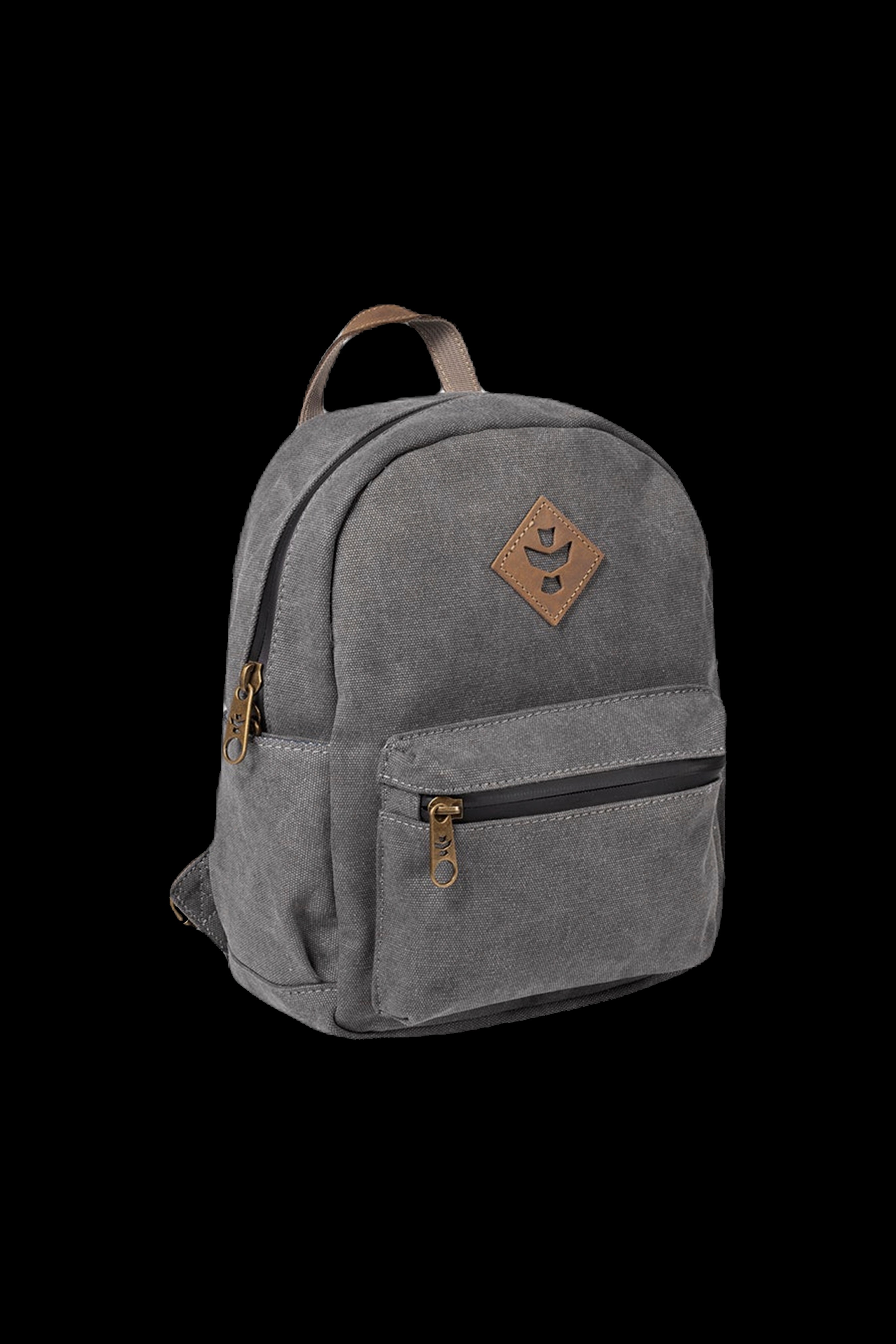 Dark grey canvas backpack with a leather patch featuring a cannabis leaf design.