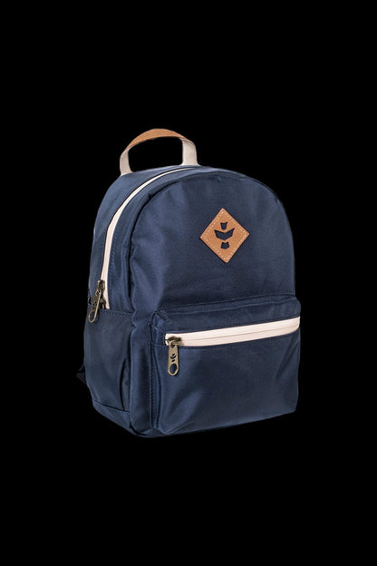 Navy blue backpack with a cannabis leaf patch, designed for discreet cannabis accessory storage.