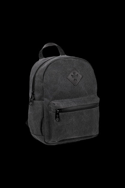 Black canvas backpack with subtle cannabis leaf branding, designed for discreet carrying.