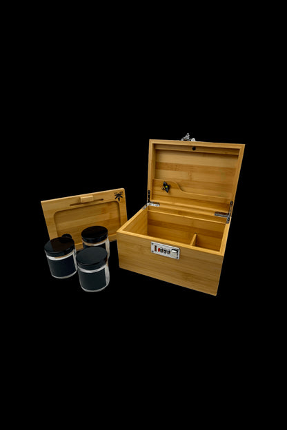 Wooden cannabis storage box with airtight jars, open on a black background.