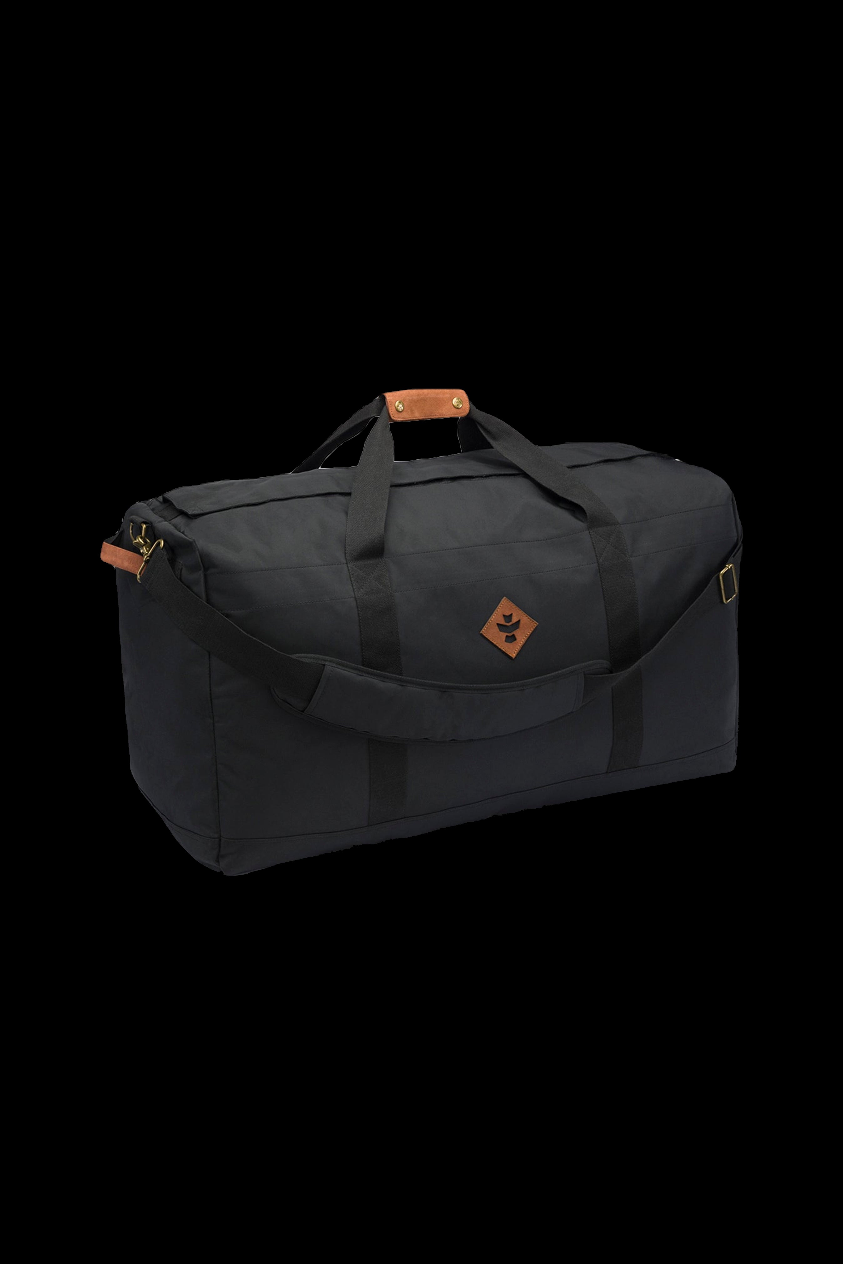 Black cannabis travel duffel bag with leather accents and a subtle logo.