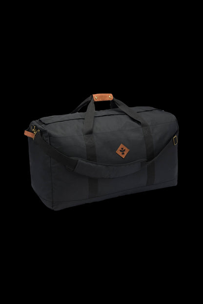Black cannabis travel duffel bag with leather accents and a subtle logo.