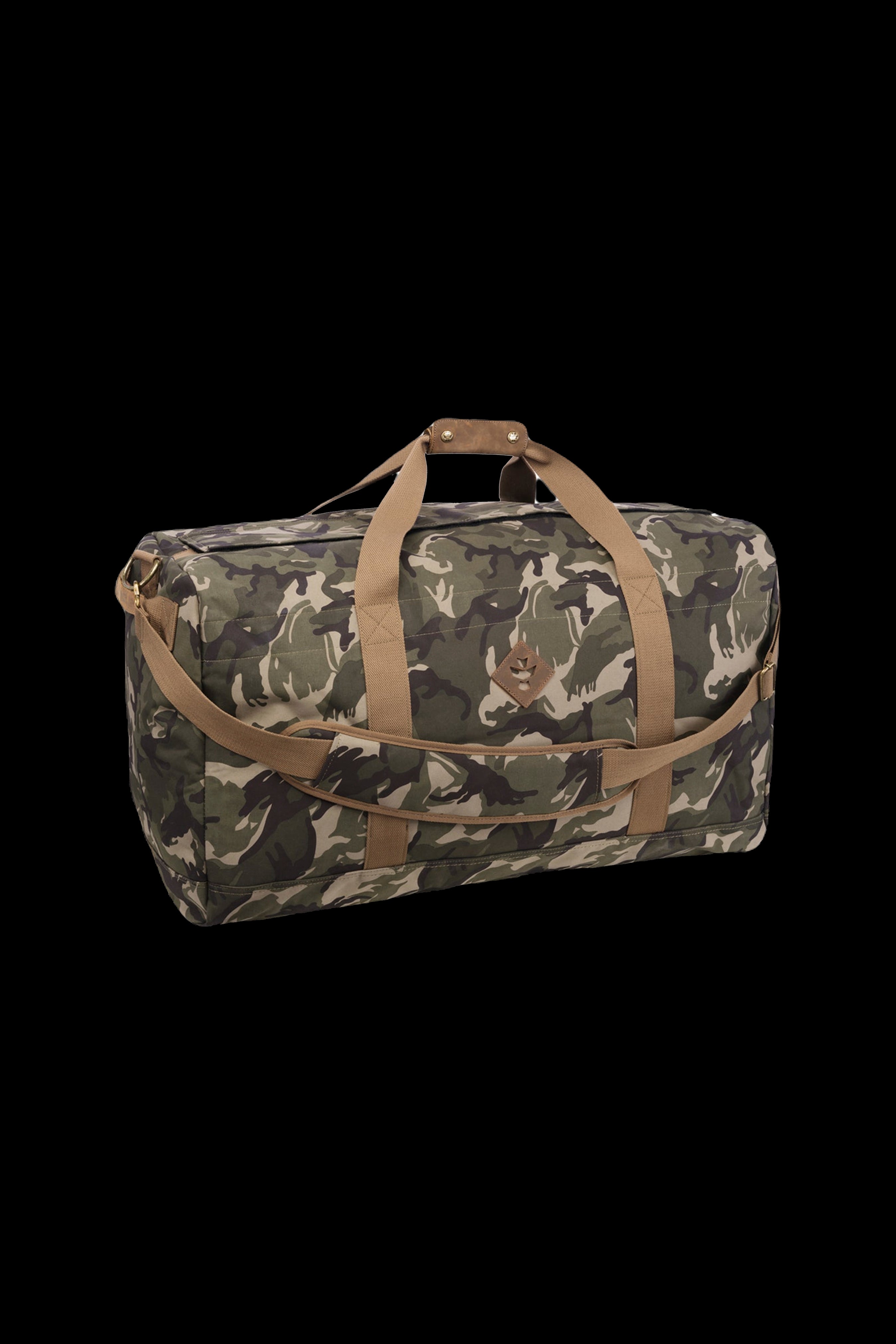 Camouflage duffel bag with leather handles, likely for discreet cannabis transport or storage.