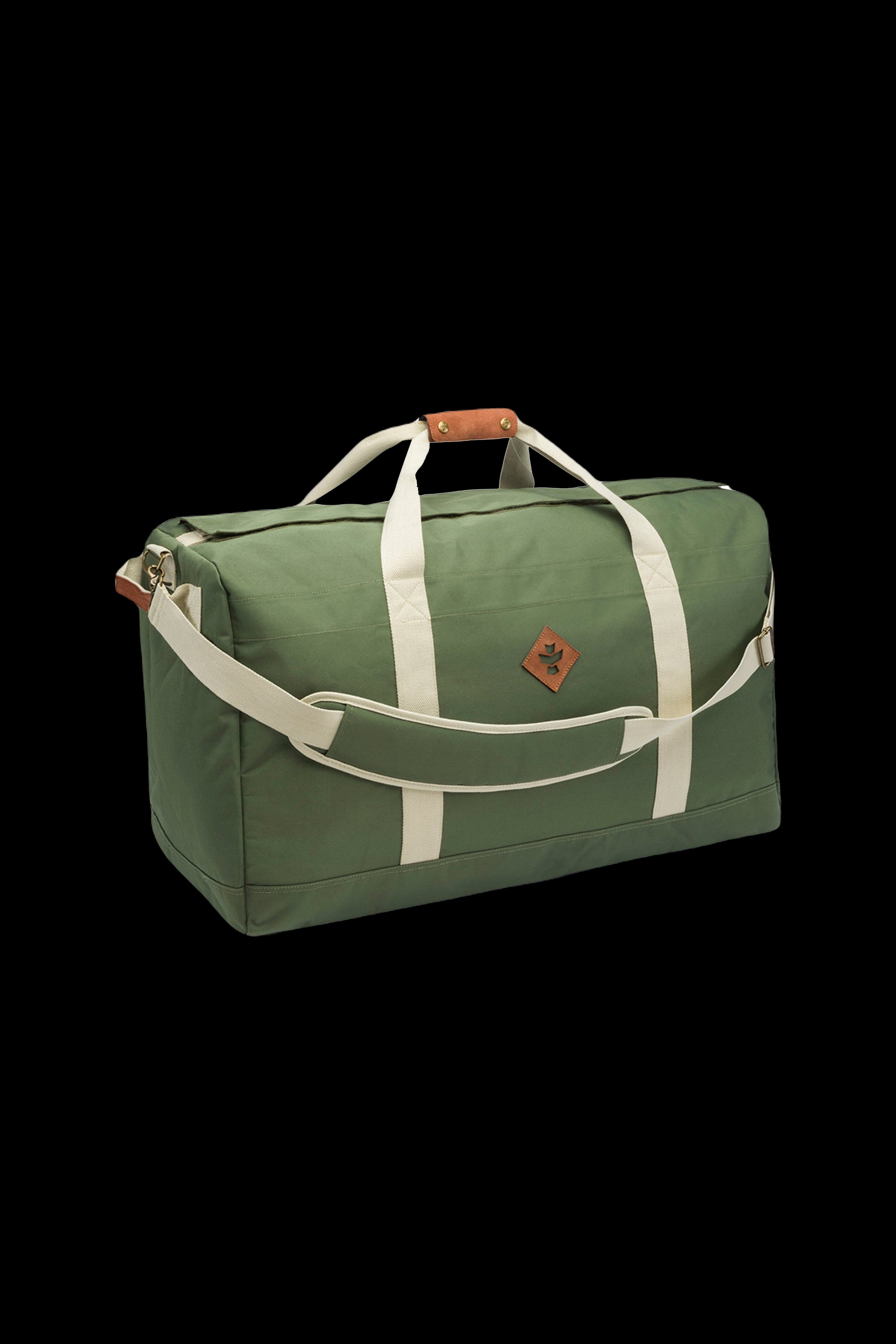 Olive green cannabis accessory duffel bag with leather detailing.