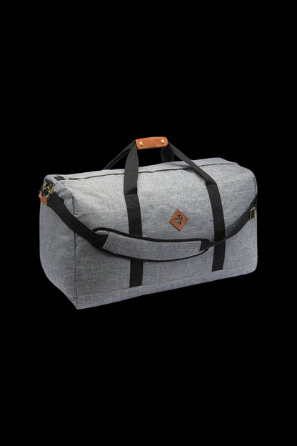 Gray duffel bag with black straps, designed for discreet cannabis accessory transport.